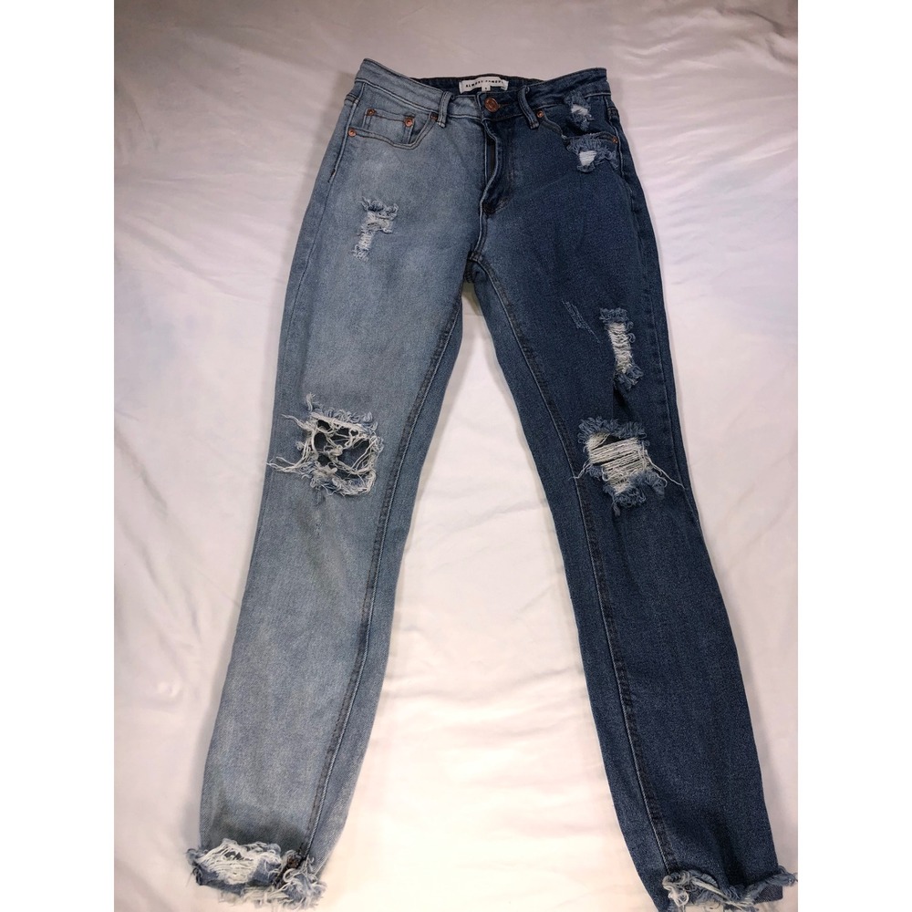 Almost Famous Two Tone Split‎ Leg Distressed Skinny Jeans Blue Size 1